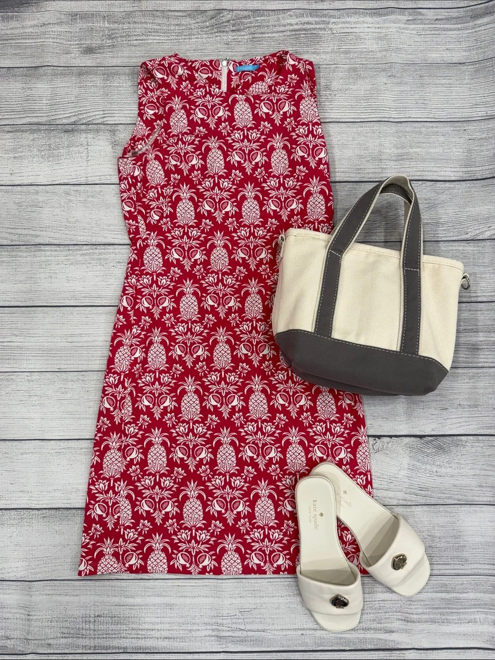 J. McLaughlin Red White Pineapple Print Sheath Dress Sleeveless Size S - Picture 6 of 6